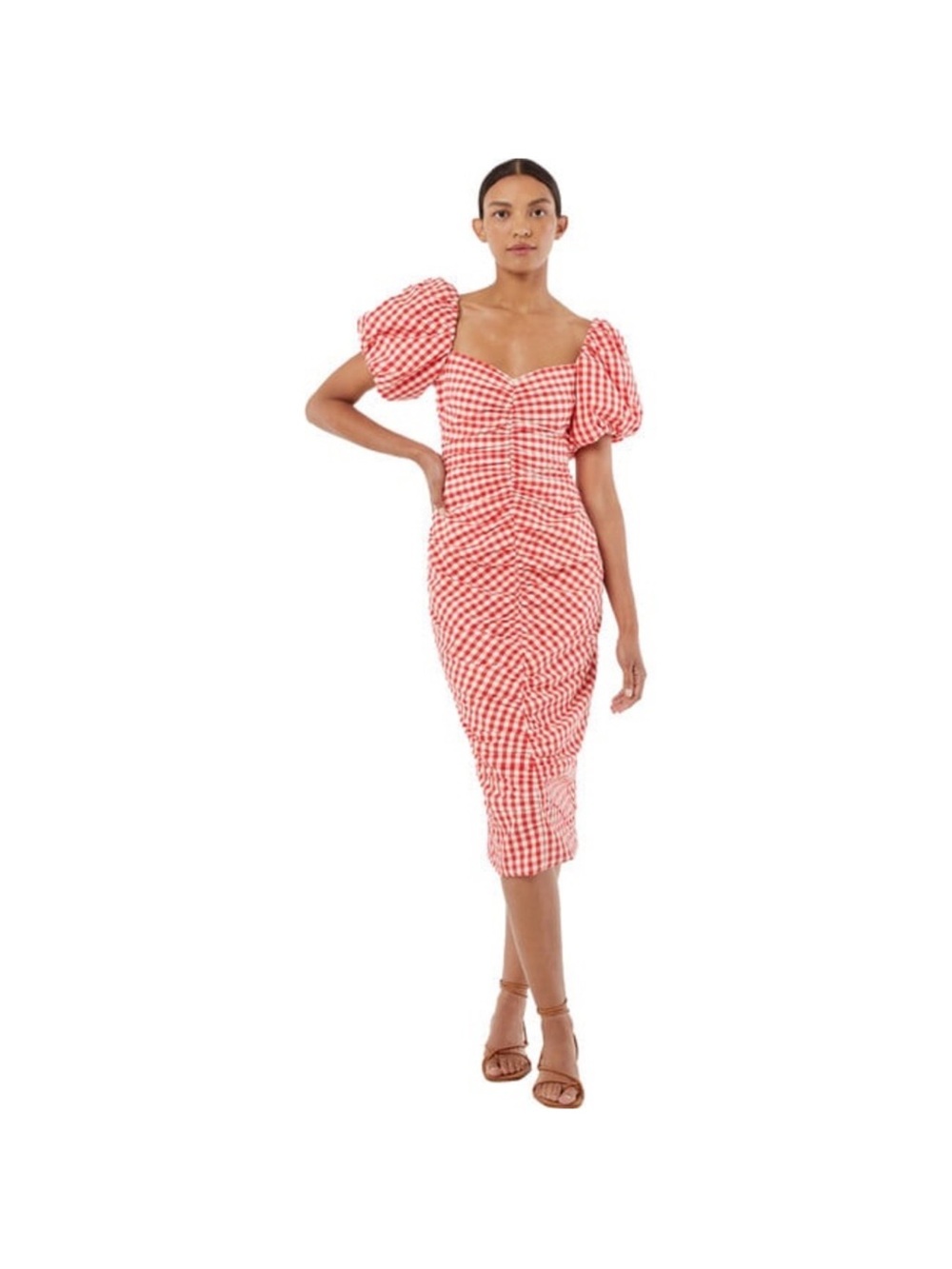 RHODE Red Gingham Puff-Sleeve Midi Dress